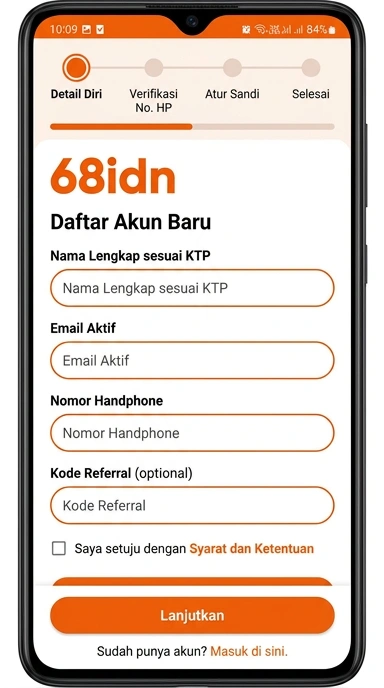 Tampilan halaman daftar 68idn