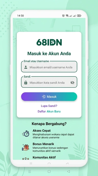 Tampilan halaman login 68idn